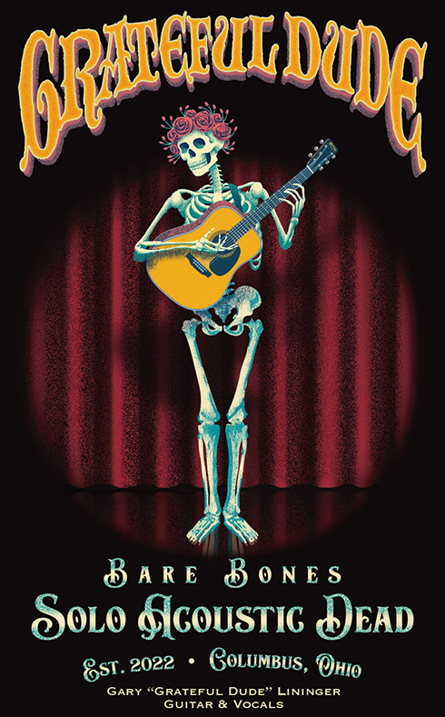 A skeleton wearing a headband of roses plays music on guitar on a hardwood stage lit by a single spotlight in front of a rose pink curtain.